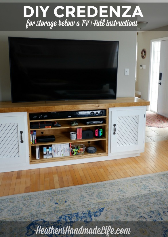 DIY TV Credenza: How to build the perfect living room entertainment unit for below a wall-mounted TV {Heather's Handmade Life}