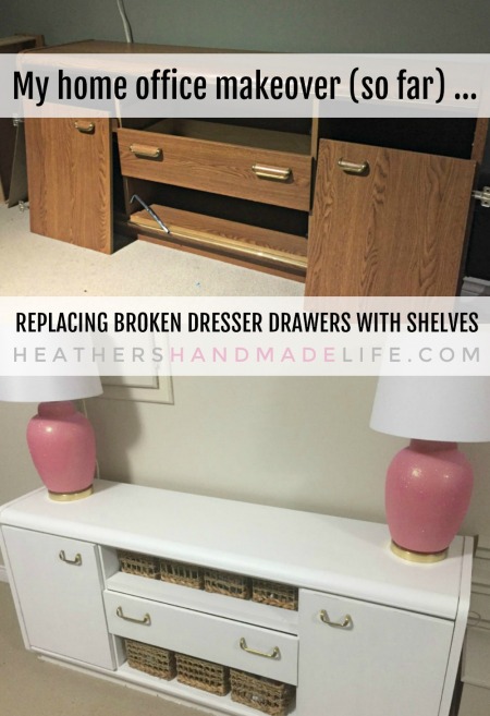 Replace broken dresser drawers with shelves {Heather's Handmade Life}